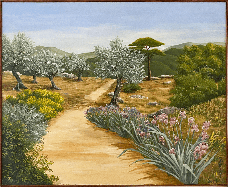 peinture Iris et Oliviers en drôme provençale par Sylvie Artôt
